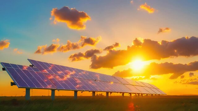 A solar panel array under a colorful sunset, symbolizing renewable energy and sustainability.