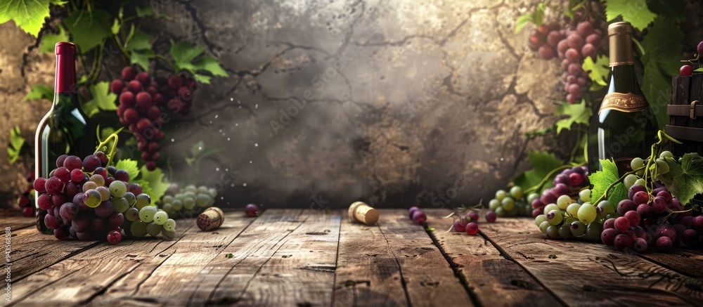 Poster vintage wooden table with white and red wine grape bunches and copy space image