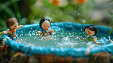 Obraz premium Diorama of Three Little Kids Playing in a Tarpaulin Pool