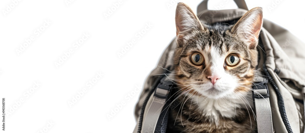 Poster Adorable cat in a backpack carrier on a white backdrop with copy space image