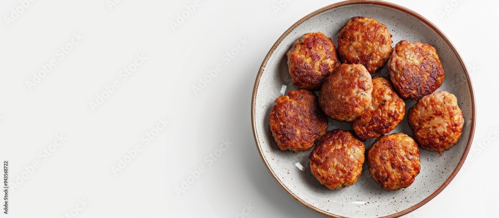 Aufkleber A rustic plate with fried pork and beef meat cutlets or patties on a white background viewed from the top with copy space image