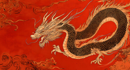 A Dark Red Background with a Chinese Dragon Accented by Gold, Symbolizing Strength, Power, and Prosperity, Perfectly Capturing the Essence of Traditional Chinese Culture and Mythology, Ideal for Illus