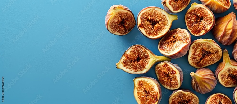 Aufkleber dried figs arranged on a blue backdrop with copy space image