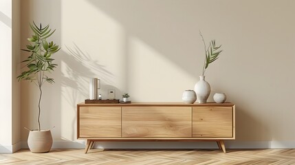 Fototapeta premium Sleek and Stylish Wooden Sideboard with Minimalist Decor in Neutral Room Setting