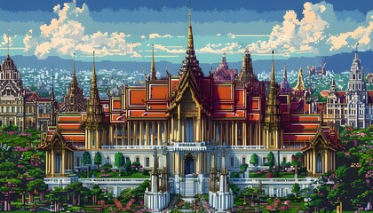 Obraz premium A pixel art landscape showcasing The Grand Palace with a focus on its opulent architecture