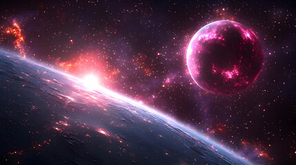 A distant planet with a glowing pink sun and a vibrant nebula.