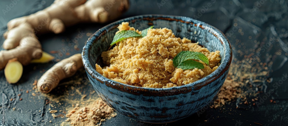 Poster Adrak paste in a bowl with fresh ginger on moody background with selective focus copy space image