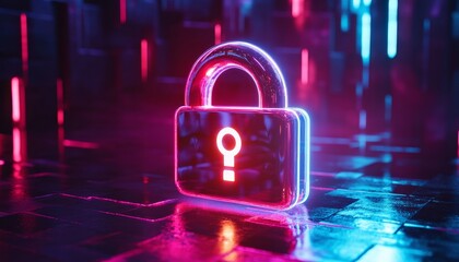 Futuristic digital lock symbolizing cybersecurity and data protection in a neon lit environment