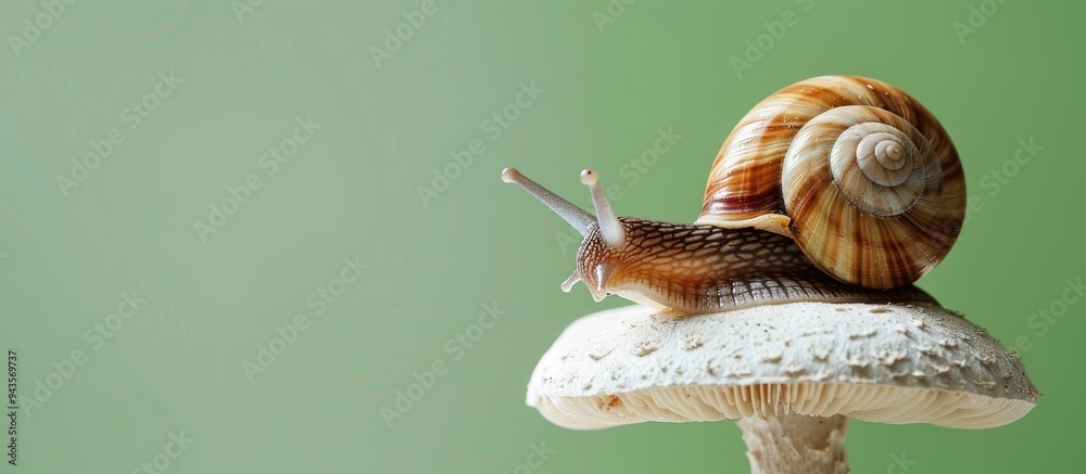 Poster A small snail on a white mushroom against a green backdrop with copy space image