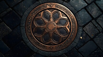 ornate manhole cover, intricate circular design, copper and bronze tones, embedded in black asphalt road, geometric patterns, urban infrastructure.