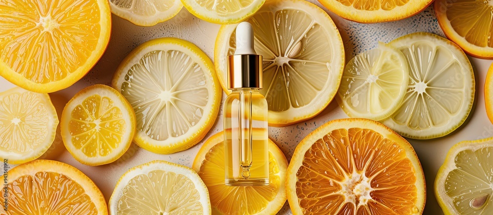 Poster top down view of a beauty serum dropper surrounded by citrus fruit slices like lemon and orange with
