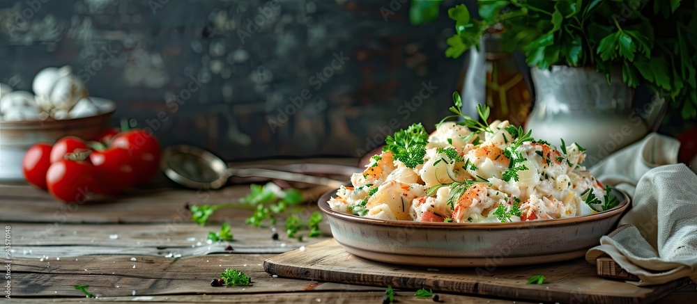 Poster an appetizing meal with creamy crab stick stuffing and fresh cream cheese arranged on a rustic table