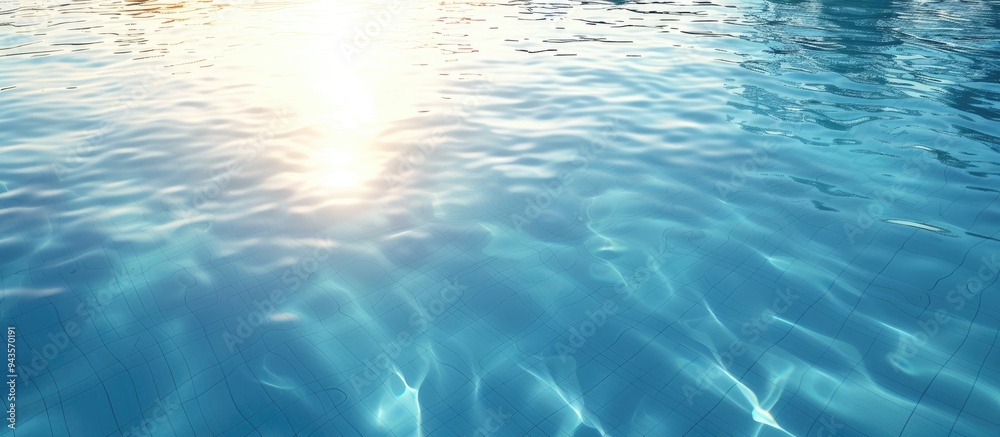 Poster Blue swimming pool pattern with sun reflection on the water surface provides a serene copy space image