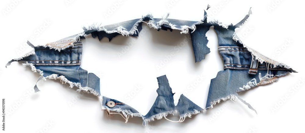 Poster ripped jeans displayed on a white background with a hole in the denim fabric ideal for a copy space 