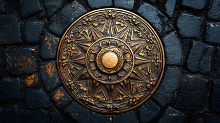 Obraz premium ornate manhole cover, intricate circular design, copper and bronze tones, embedded in black asphalt road, geometric patterns, urban infrastructure.