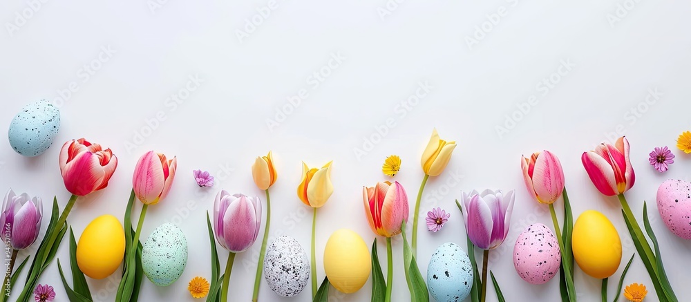 Aufkleber copy space image featuring vibrant tulips and eggs against a white backdrop embodying the essence of