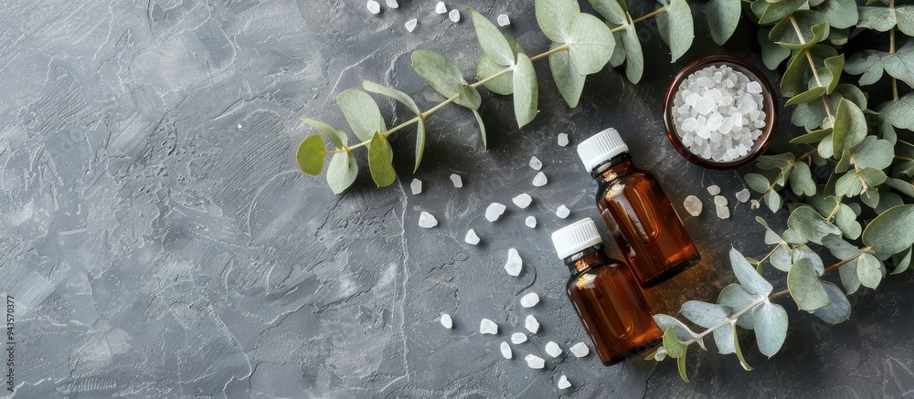 Poster A flat lay display features aromatherapy products like essential oil bottles sea salt and eucalyptus branch on a grey background offering copy space image