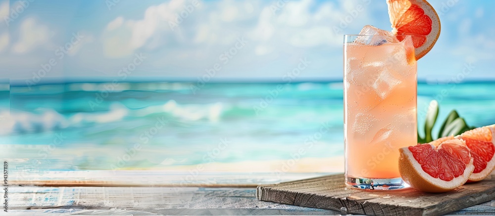 Poster a refreshing grapefruit cocktail with ice presented on a weathered wooden board against a beach back