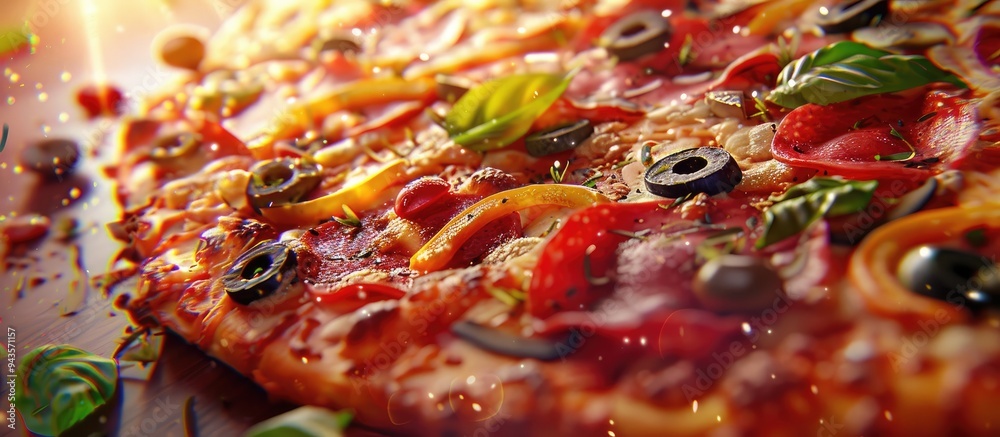 Poster a close up of a delicious pizza with a variety of toppings like ham mushrooms olives peppers and che