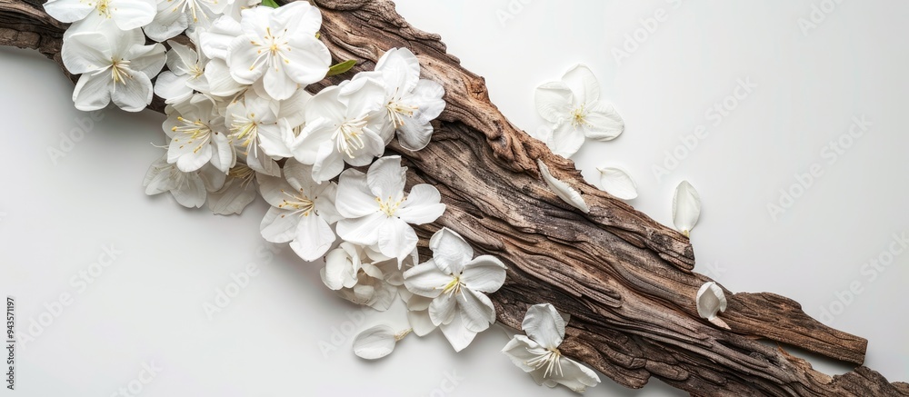 Poster white background with jasmine flowers and bark ideal for hair treatment creating an appealing flat l