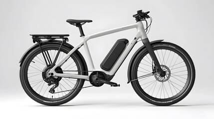 Fototapeta premium sleek silver electric bicycle, urban commuter e-bike, disc brakes, front suspension fork, rear rack, integrated battery, wide tires, ergonomic handlebars, LED lights.