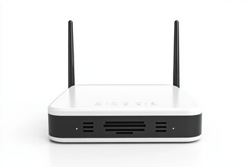 Close-up of a modern white wireless router with dual antennas
