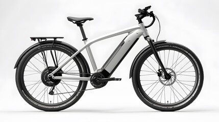 sleek silver electric bicycle, urban commuter e-bike, disc brakes, front suspension fork, rear rack, integrated battery, wide tires, ergonomic handlebars, LED lights.