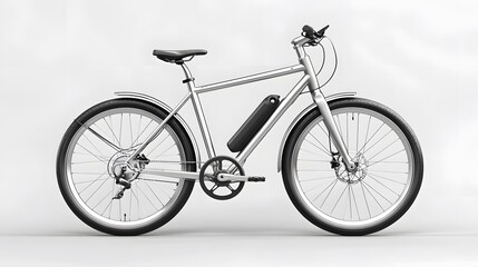 Fototapeta premium sleek silver electric bicycle, urban commuter e-bike, disc brakes, front suspension fork, rear rack, integrated battery, wide tires, ergonomic handlebars, LED lights.