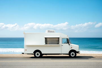 A white food truck, on the side of the road next to the sea.