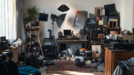 A messy photography studio cluttered with lighting equipment and various photography gear. --ar 16:9 --v 6.1 Job ID: 953ca861-7abe-4015-af4b-511227b819bc