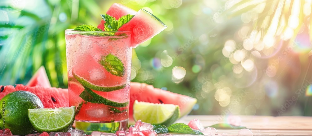 Poster fresh watermelon lemonade garnished with lime and mint displayed on a vibrant backdrop with copy spa