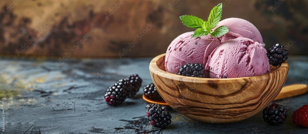 Aufkleber a summer dessert showcasing blackberry ice cream in a rustic wooden bowl adorned with fresh berries 