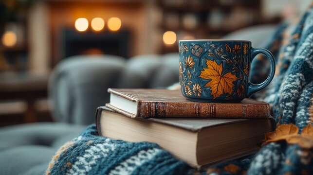 Cozy reading nook featuring a stack of books and a decorative mug on a soft blanket in an inviting room