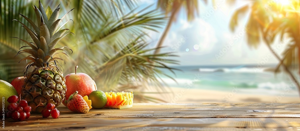 Aufkleber ideal for showcasing summer products on the table with a blurred sunny tropical beach as the copy sp