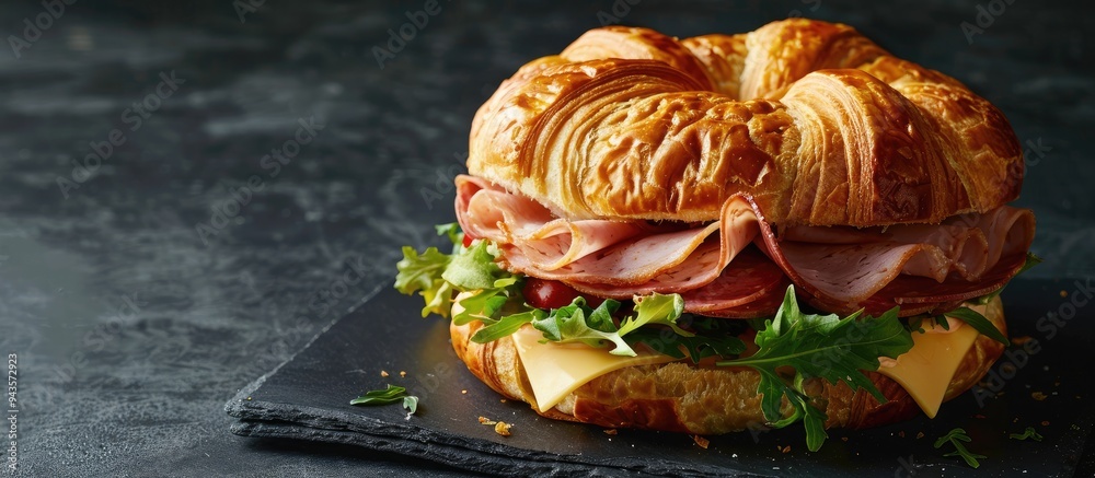 Poster a croissant club sandwich featuring savory ham and cheese layers displayed on a black backdrop showc