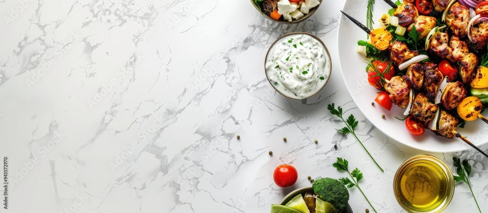 Poster top view of a mediterranean lunch featuring roasted skewers tzatziki sauce and veggies on a white ba