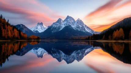 Fototapeta premium Magical castle reflecting in a serene lake, blended with twilight colors and enchanted forest surroundings