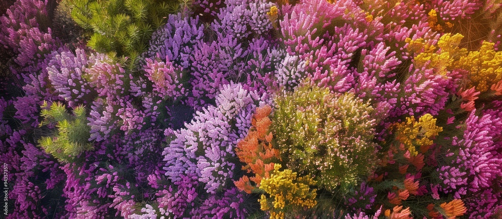 Poster Bird s eye view of vibrant heather in a garden with copy space image