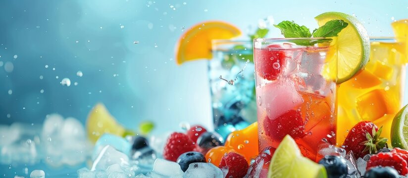 Refreshing chilled beverages like icy cold drinks and fresh juicy juices perfect for hot summer days with copy space image