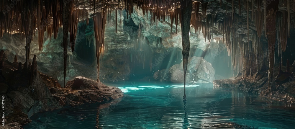 Poster in a murky cave stalactites hang above a pool of water with copy space image