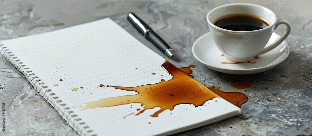 Poster a spilled coffee cup next to an empty notepad with a pen creating a conceptual copy space image