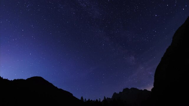 breve filmato a intervallo di tempo, con ampia inquadratura panoramica della rotazione terrestre, di notte, in estate, con un cielo sereno di colore blu, con le stelle e la via lattea visibili