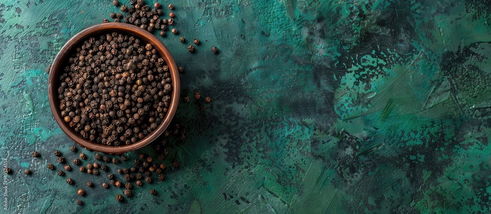 Poster top view of a bowl filled with ground black pepper on a green surface with copy space image