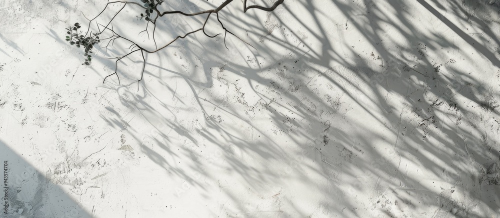 Wall mural white concrete surfaces with leaf and branch shadows creating a natural pattern of light gray shadow
