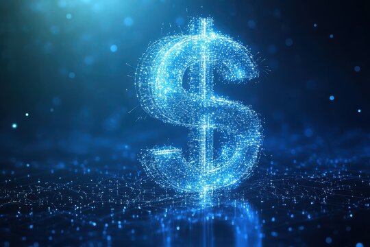 Futuristic digital dollar sign made of blue glowing particles
