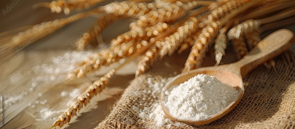 Poster A wooden spoon filled with flour on a burlap sack surrounded by wheat ears on a wooden table casting shadows in the background with copy space image