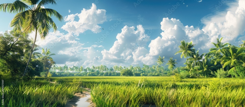 Poster Scenic view of a lush paddy field with coconut trees in the background set against a vibrant sky with white clouds ideal for a copy space image
