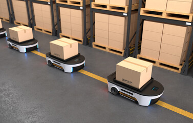 Autonomous Robot transportation in warehouses, Warehouse automation concept. 3D illustration