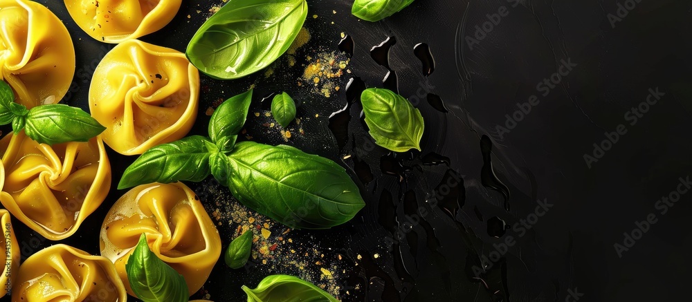 Poster italian pasta filled with basil leaves such as tortelli or tortelloni creating a copy space image