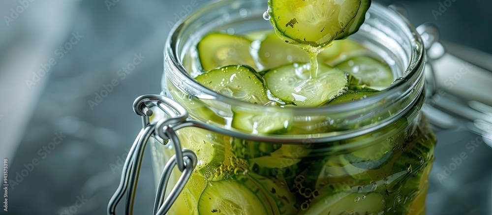 Poster Closeup of pickled cucumber being removed from a jar on a grey background with room for text within the image. Creative banner. Copyspace image